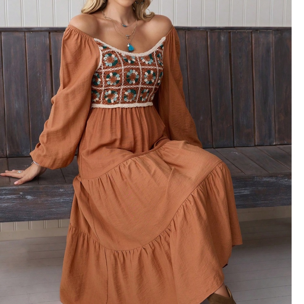 Boho Floral Crochet Long Sleeve High Waisted Dress - Picture 6 of 6